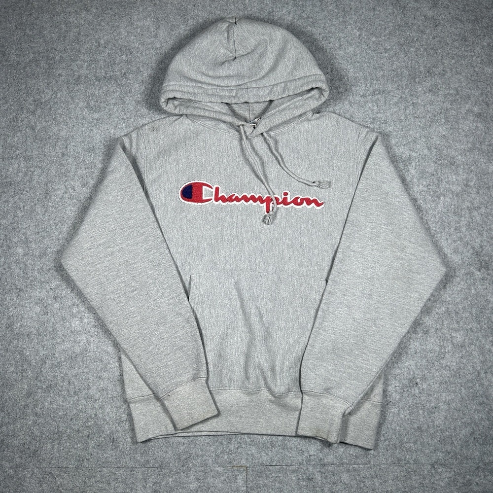 Vintage Champion Pullover Hoodie Men's Size Medium Grey Spell Reverse Weeve 90s